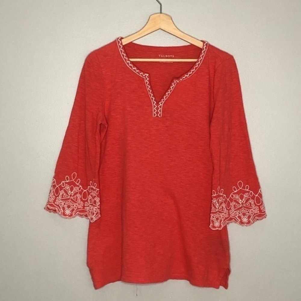 Talbots coral top jersey knit with embroidered sleeves, size small